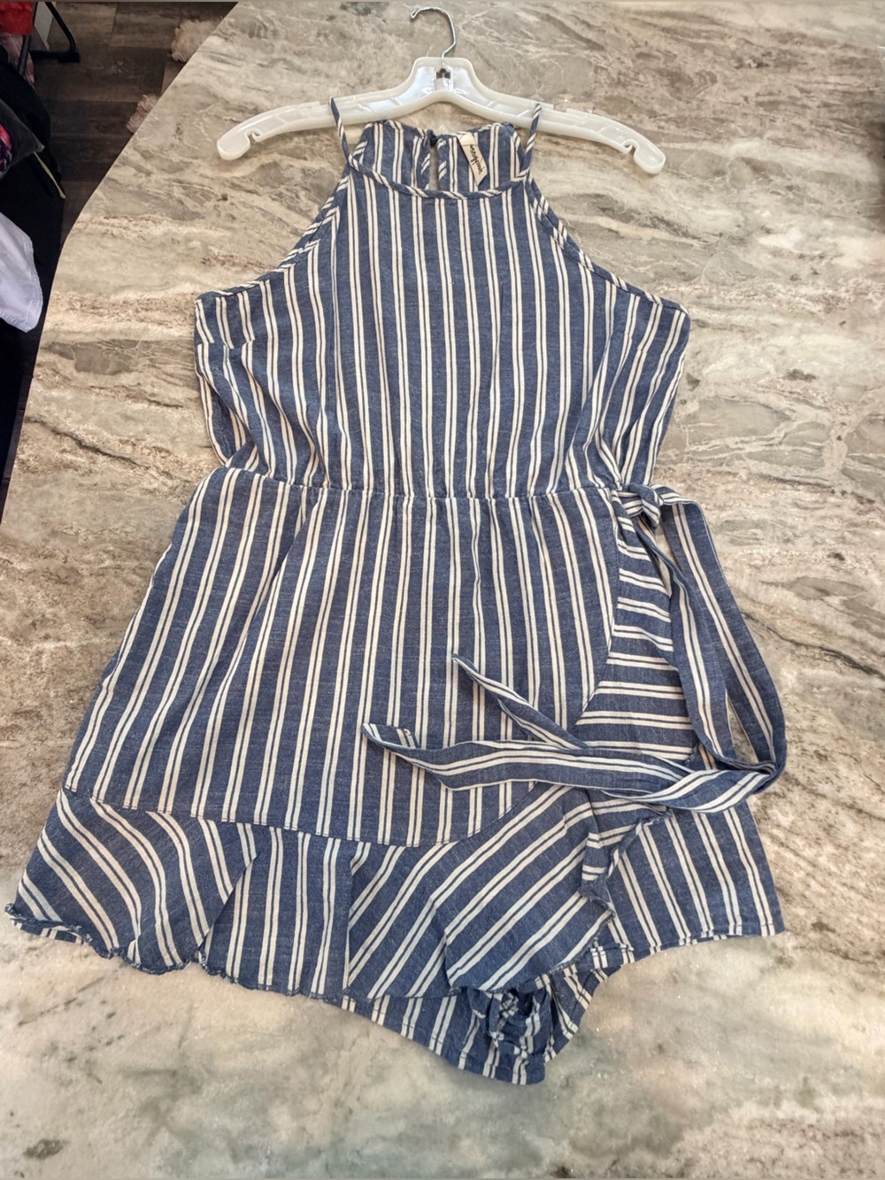 Speechless Blue White Striped Halter Tie Waist Romper Medium